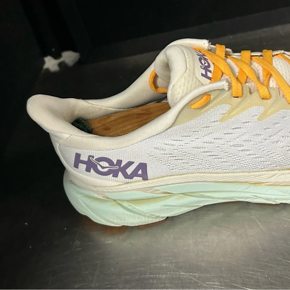 Hoka Women's White Sneakers with Yellow Laces and Purple Logo - Picture 7 of 11